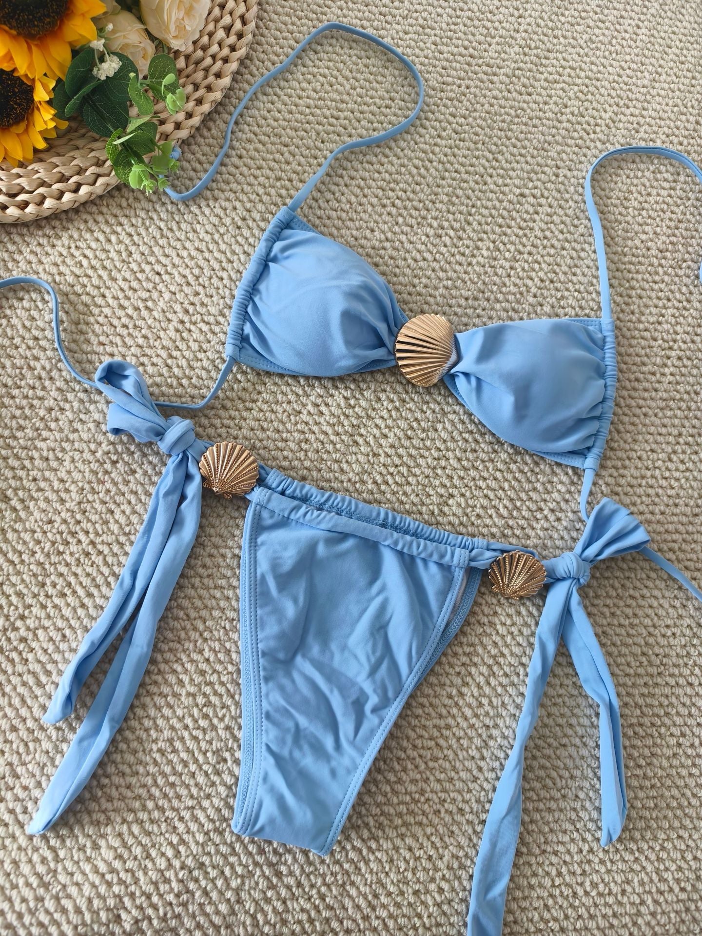Shell metal buckle triangle cup bikini