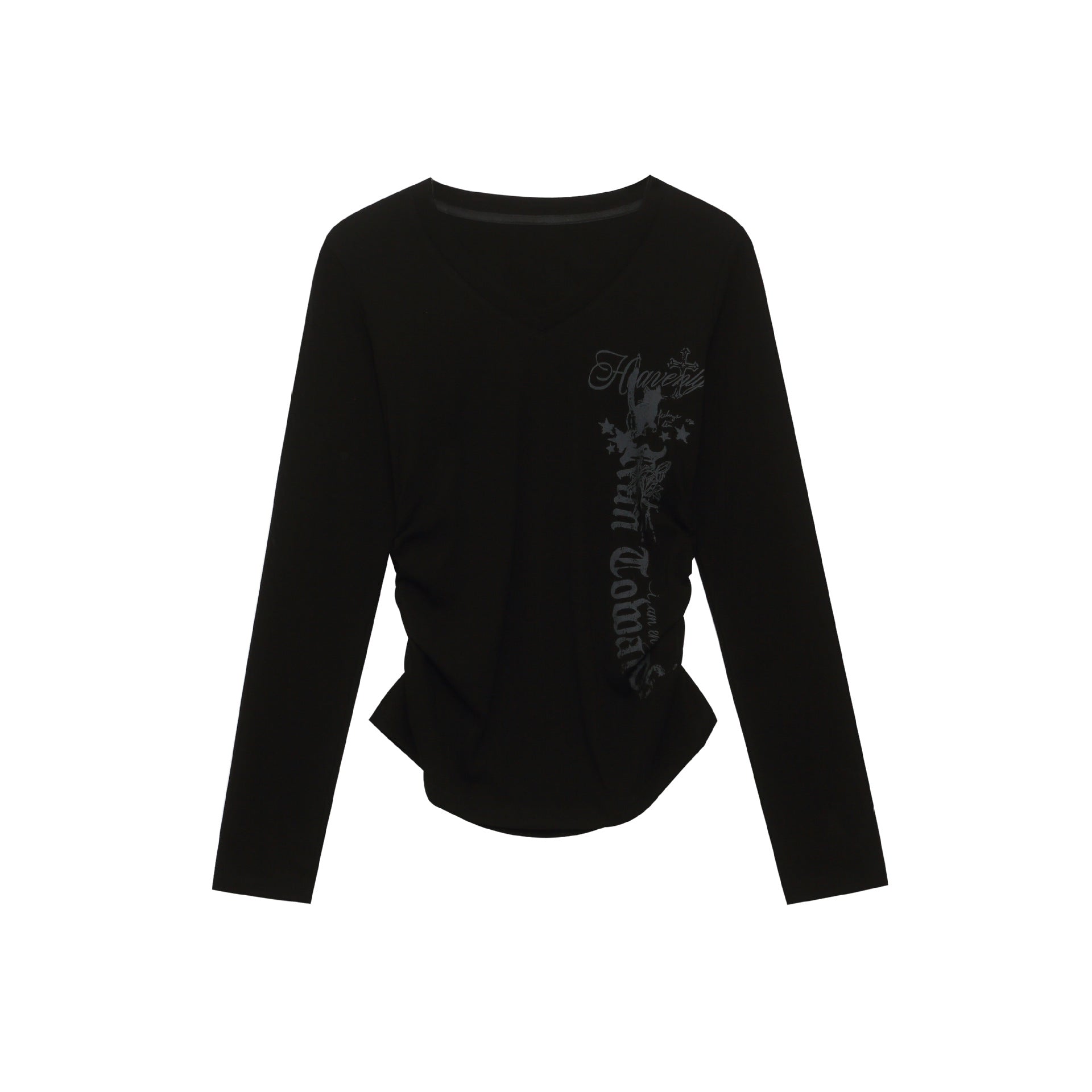 Side Pleated V-Neck Long Sleeve Top Letter Print Waist-Cinching Slim-Fitting Basic T-Shirt
