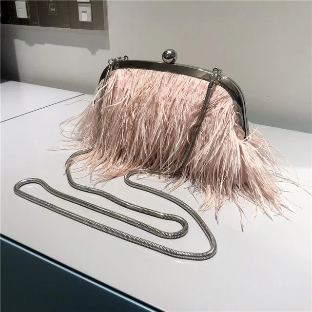 Feather Handbag Women Evening Crossbody Bag Pearl Chain Snake Chain Shoulder Bag Luxury Women Bags Design Party