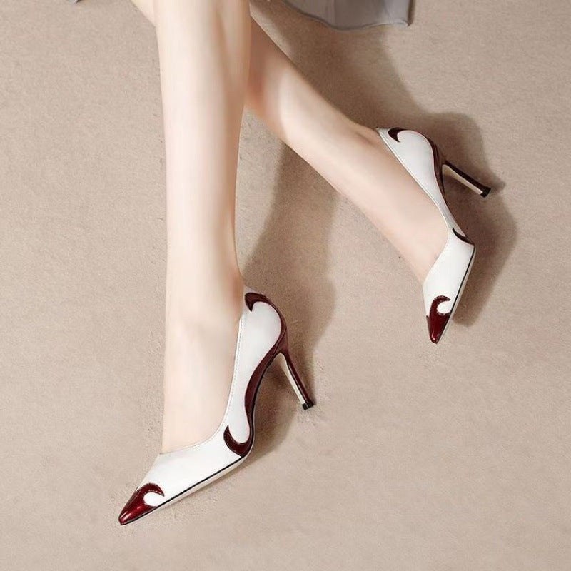 Red and green dragonfly pointed slender heel banquet women's shoes color blocked single shoes for women
