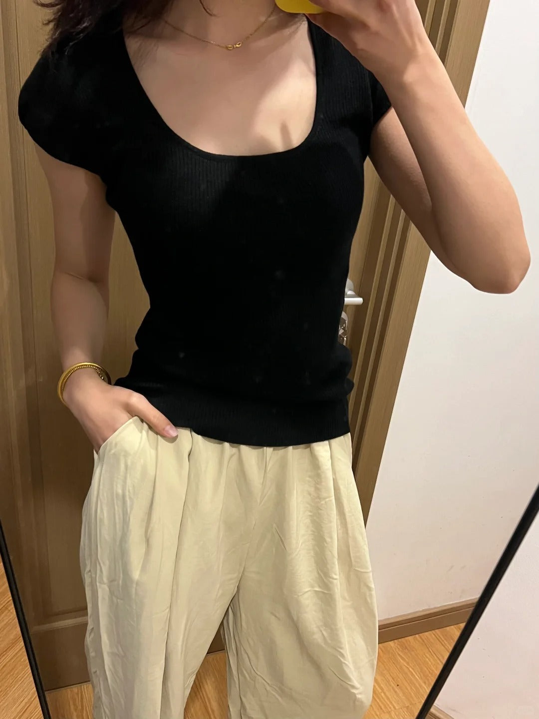 Purple U-Neck Ribbed Knit Short Sleeve