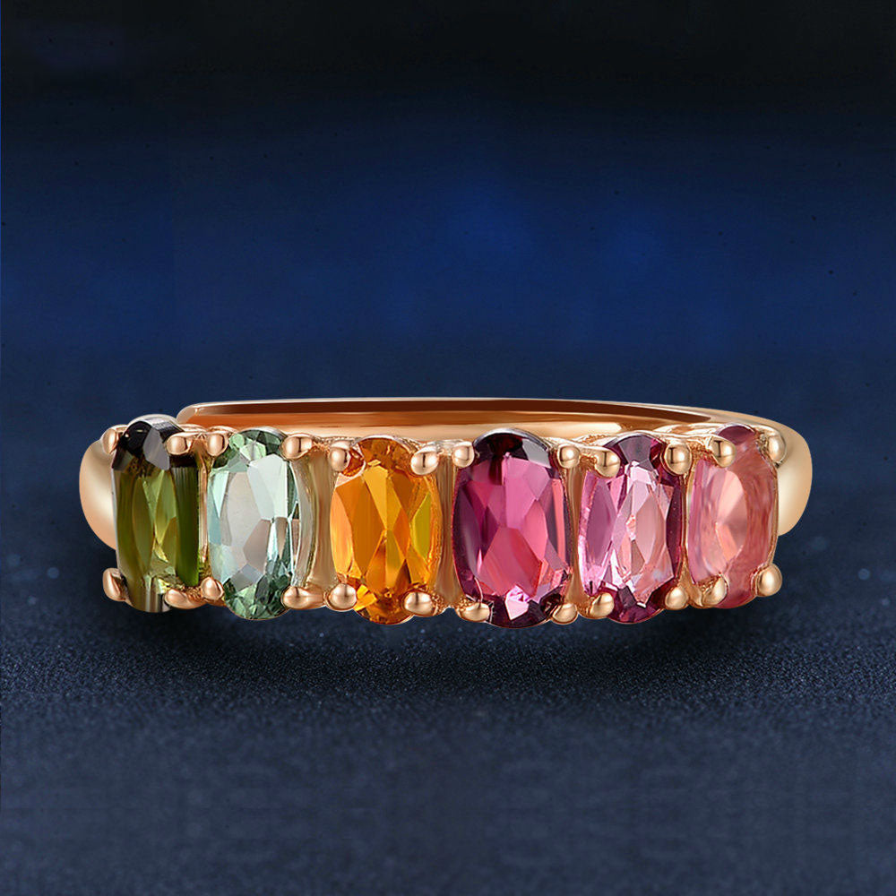 925 Sterling Silver Jewelry Natural Tourmaline Color Classic Row Ring Gem Jewelry