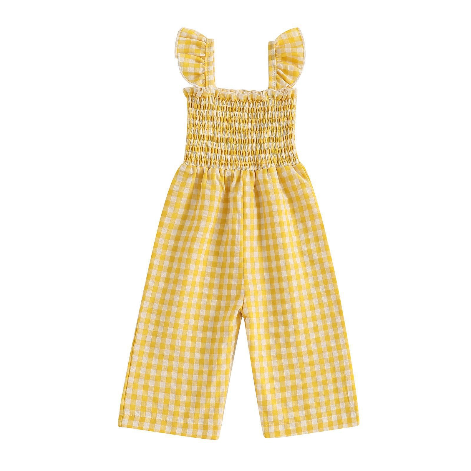 Cute Girl's Summer Plaid Flutter Sleeve Jumpsuit, Lightweight Wide Leg Bodysuit