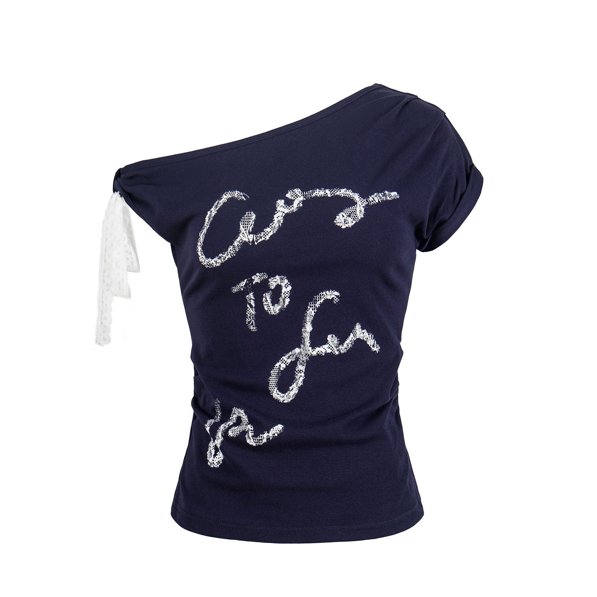 Shoulder Lace-up Silver Letter Print T-shirt Women Fitted Slim Fit Gathered Short Sleeve Top