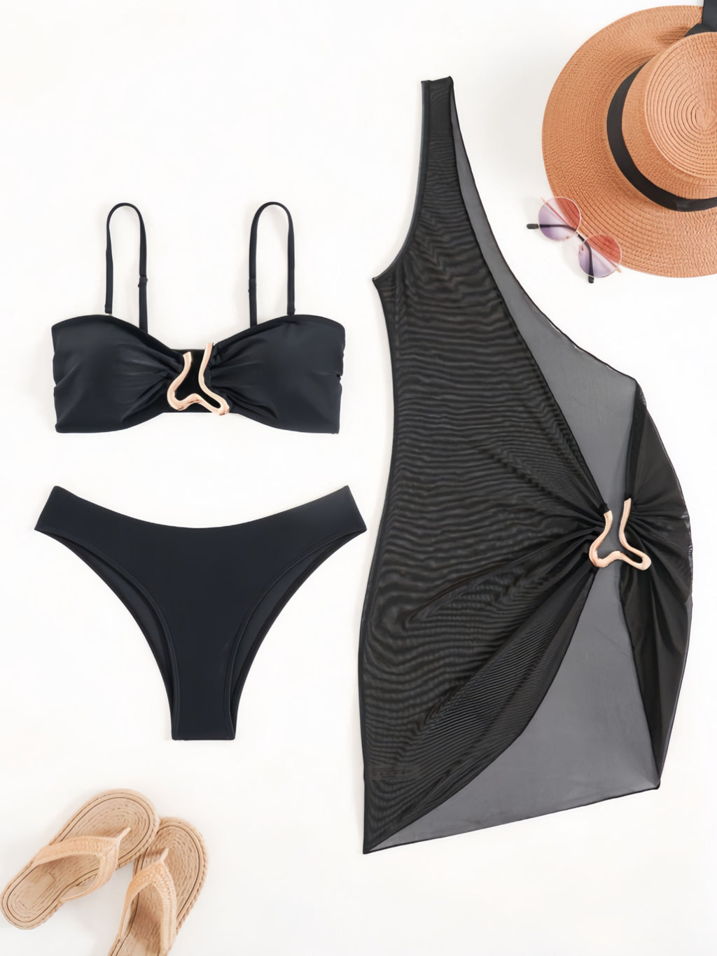 Solid color three piece split bikini set