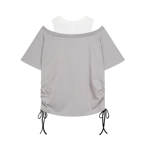 Candlestick Graffiti Printed Off-Shoulder T-Shirt for Women, Drawstring Tie-Up Pleated Slim-Fitting Top