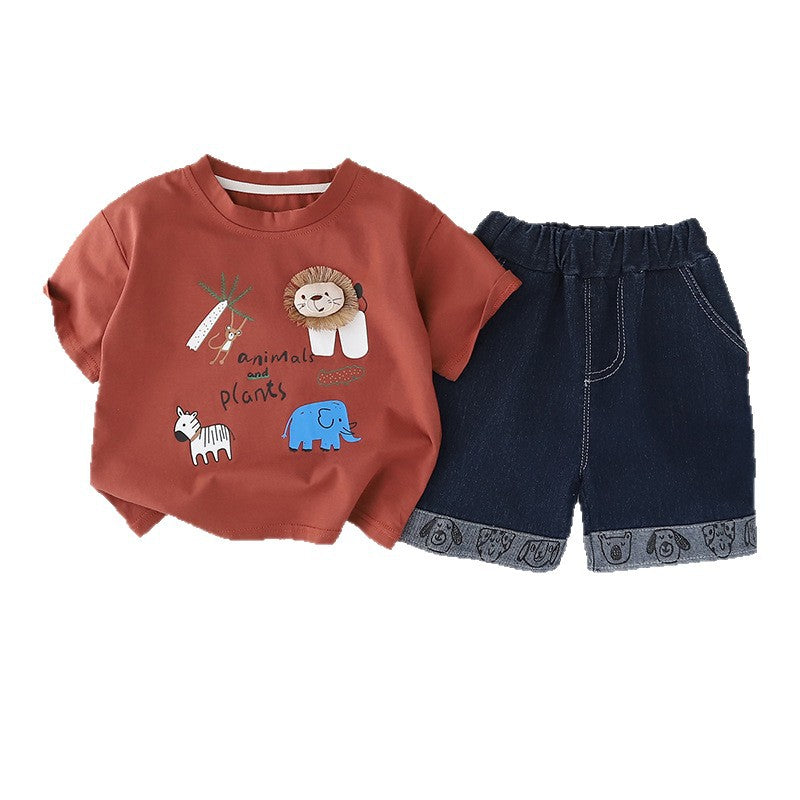Cartoon animal pattern short sleeved top and shorts set