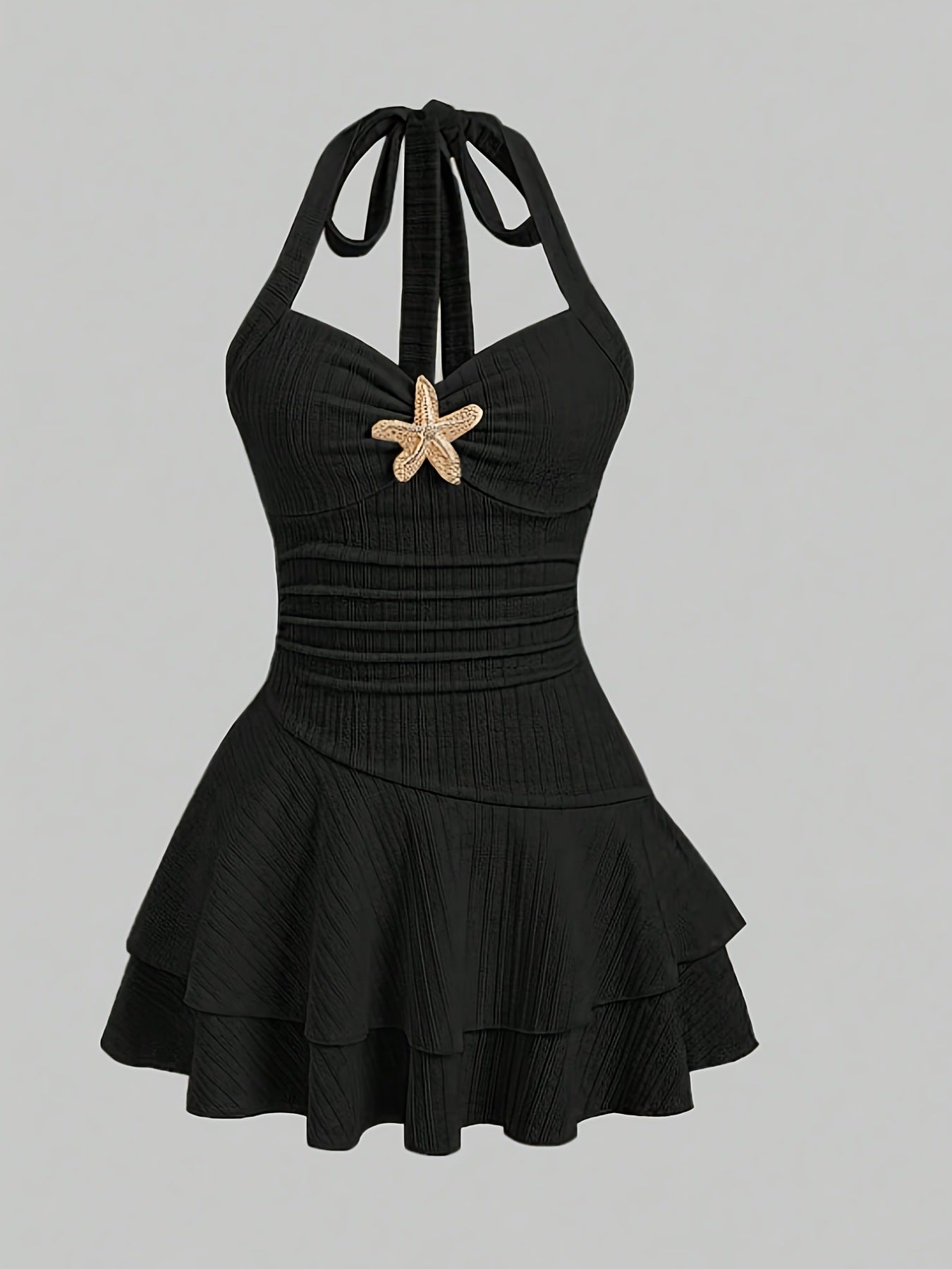 Halter neck slip dress with starfish decoration, pleated, waist-cinching short skirt
