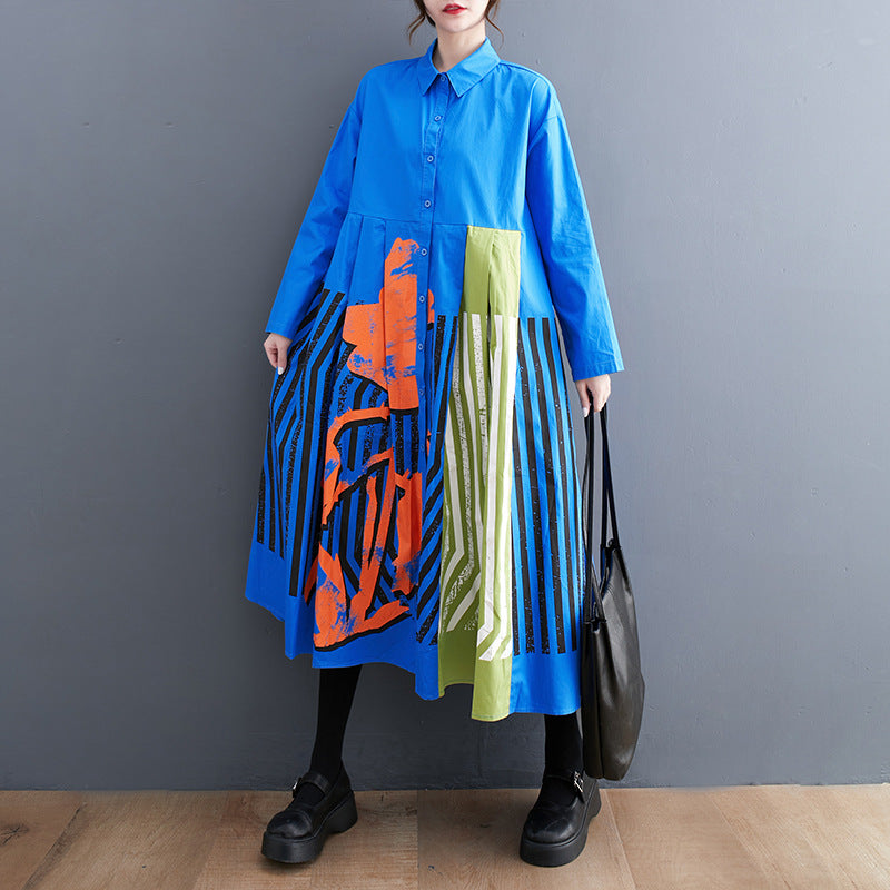 Casual Loose Plus Size Printed Patchwork Sweet Long Sleeve Dress