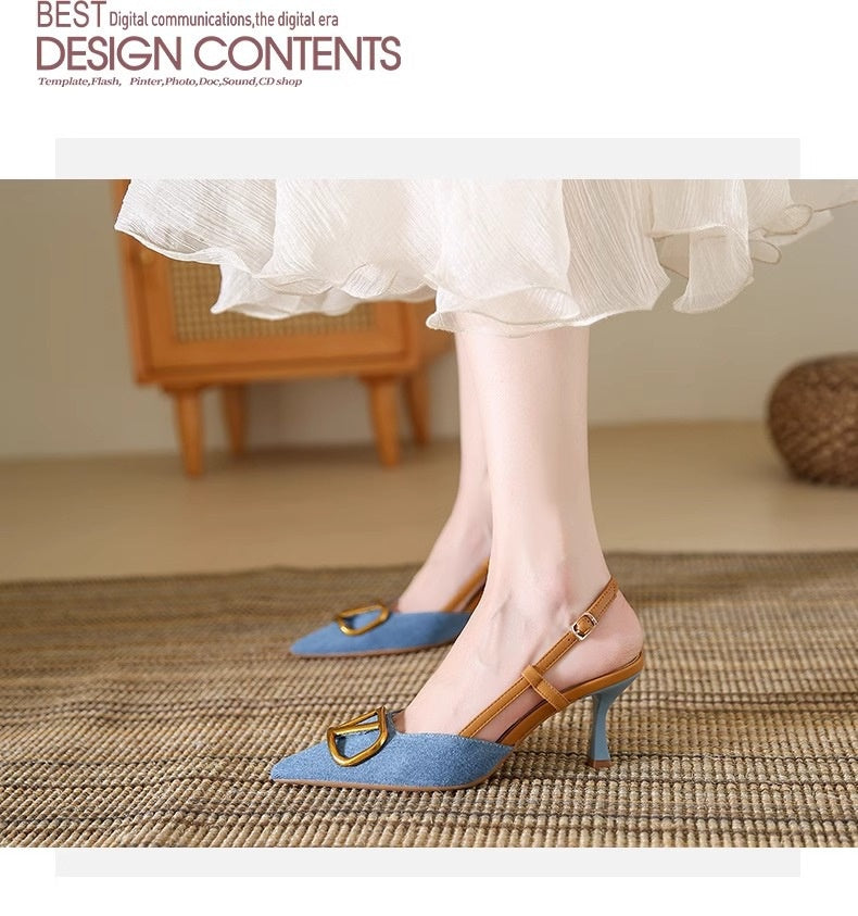 French Shallow Mouth Pointed Toe Stiletto Women's Denim High Heel Sandals Summer Breathable and Leg-lengthening