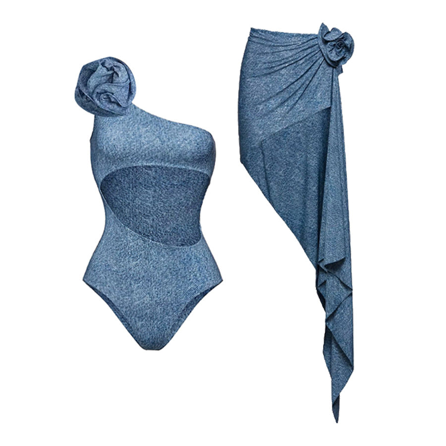 Flower Decorated Halter Tie-Up Two-Piece Swimsuit Women High-Waisted Bikini