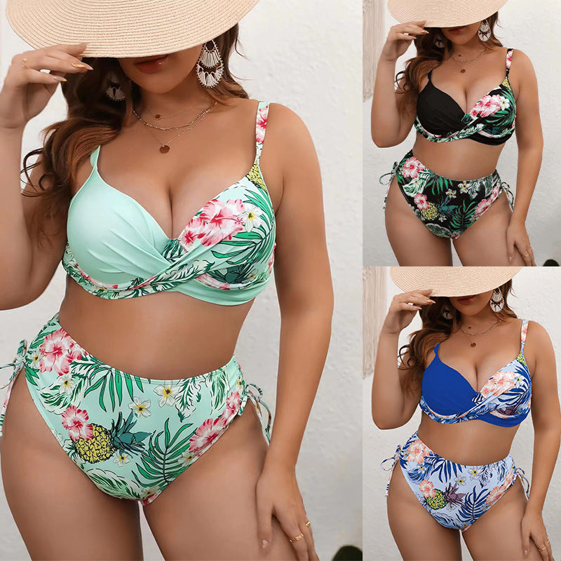 Drawstring floral split bikini swimsuit for women
