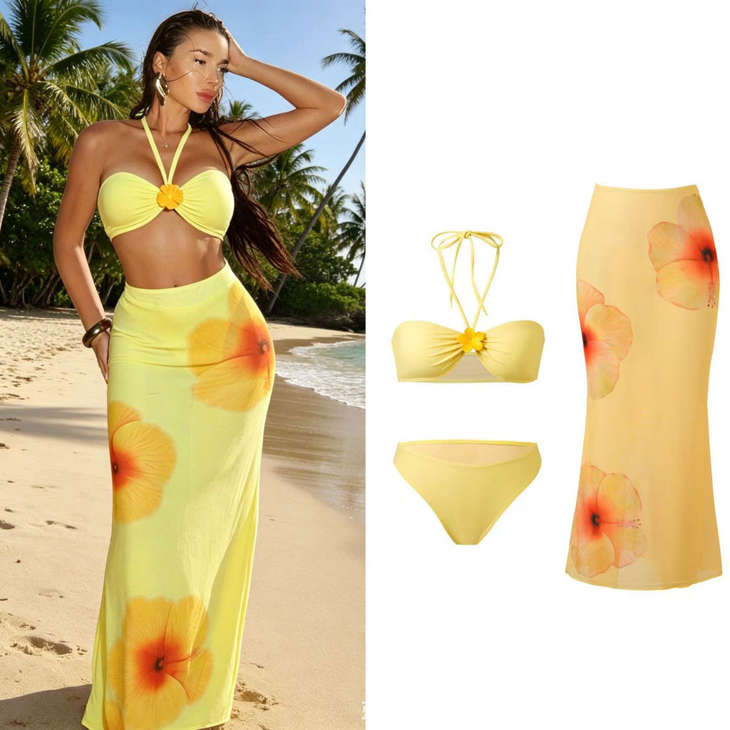 Printed split bikini three piece set