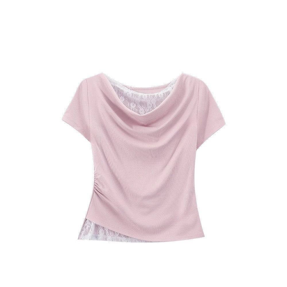 Off-Shoulder Lace Spliced Short Sleeve T-Shirt for Women, Elegant and Sexy Fitted Top with Ruffled Neckline