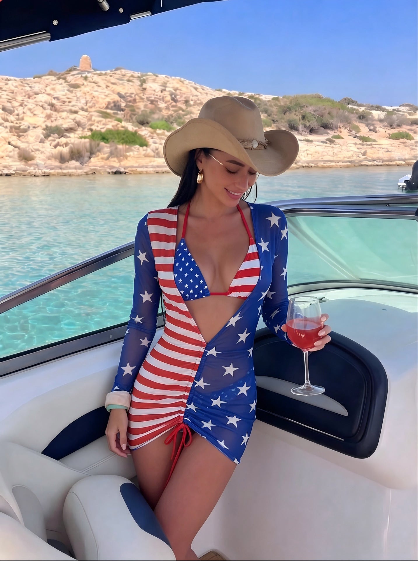 Flag Print Three-Piece Swimsuit with Mesh Tie-Up Cover-Up Long Dress, Vacation Swimwear