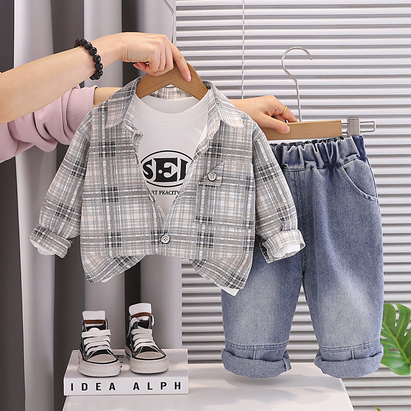 Checkered shirt long sleeved three piece set