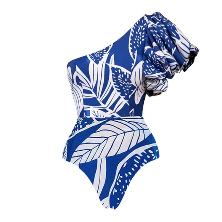 One-Shoulder Puff Sleeve Printed One-Piece Swimsuit for Women