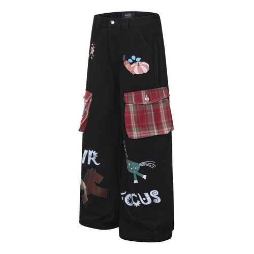 Casual Wide-Leg Denim Pants for Women with Cartoon Print High-Street American Vintage Plaid Style