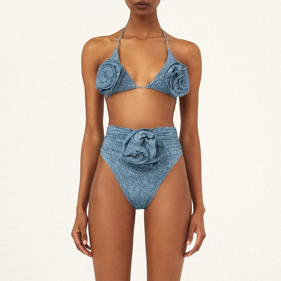 One-Shoulder Hollow-Out Soft Denim One-Piece Swimsuit with Flower Decoration for Women
