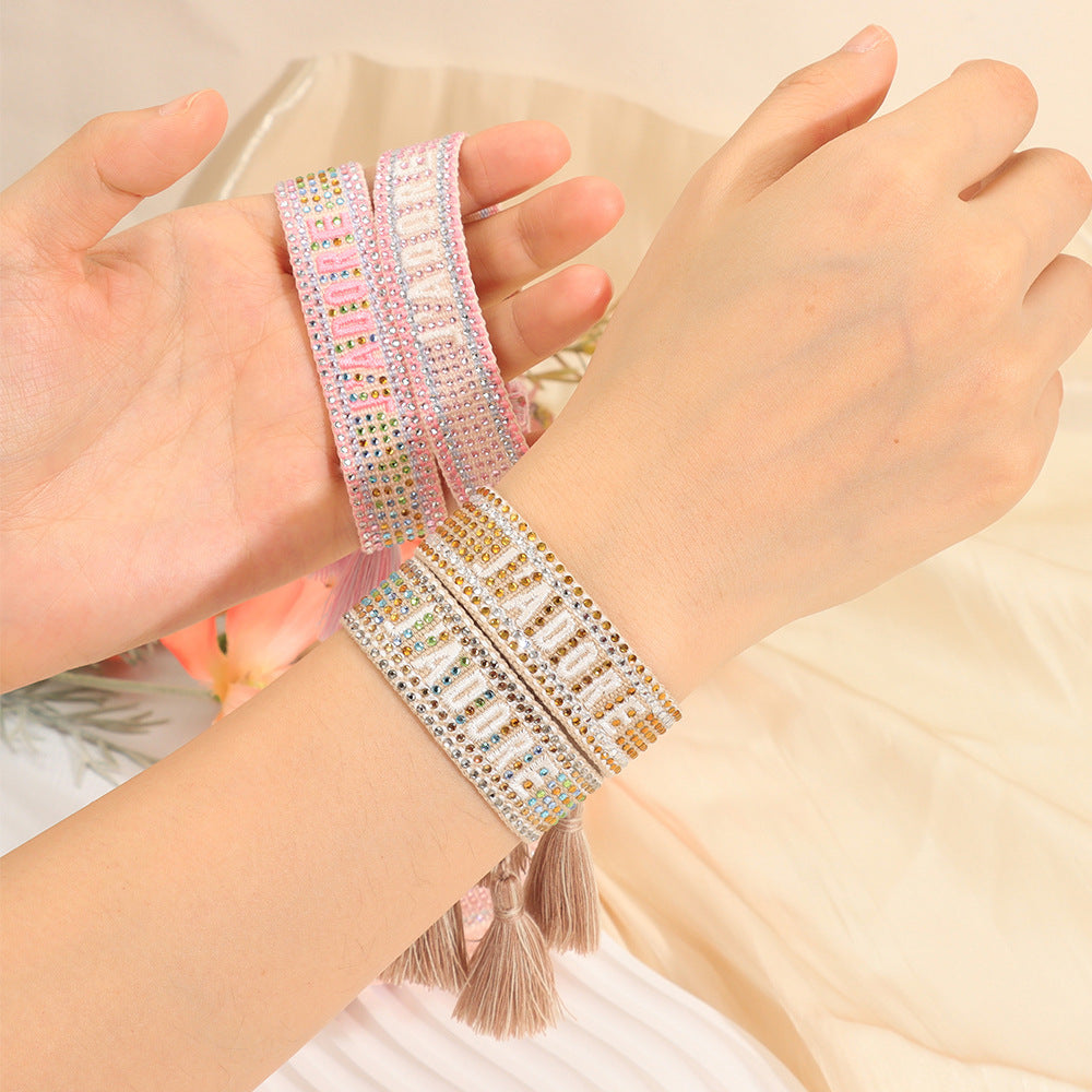 Cross-border Fully Ironed Colorful Diamond Woven DIY Bracelet Accessories for Women Creative Ethnic Embroidery Letter Rope