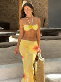 Printed split bikini three piece set