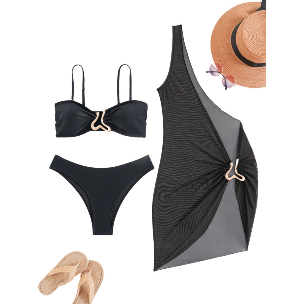 Solid color three piece split bikini set