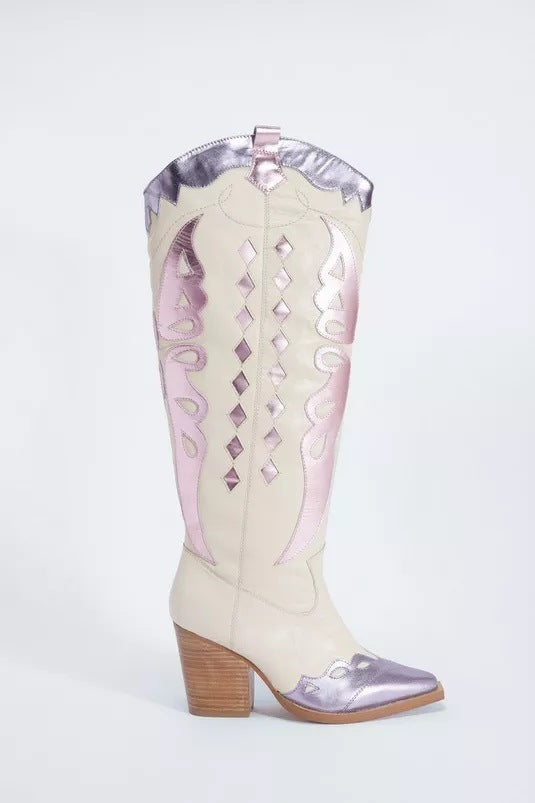 Coarse heeled long boots women's shoes multi colored splicing Long Boots Cowboy