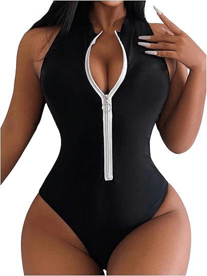 One piece bikini swimsuit with zipper on the chest