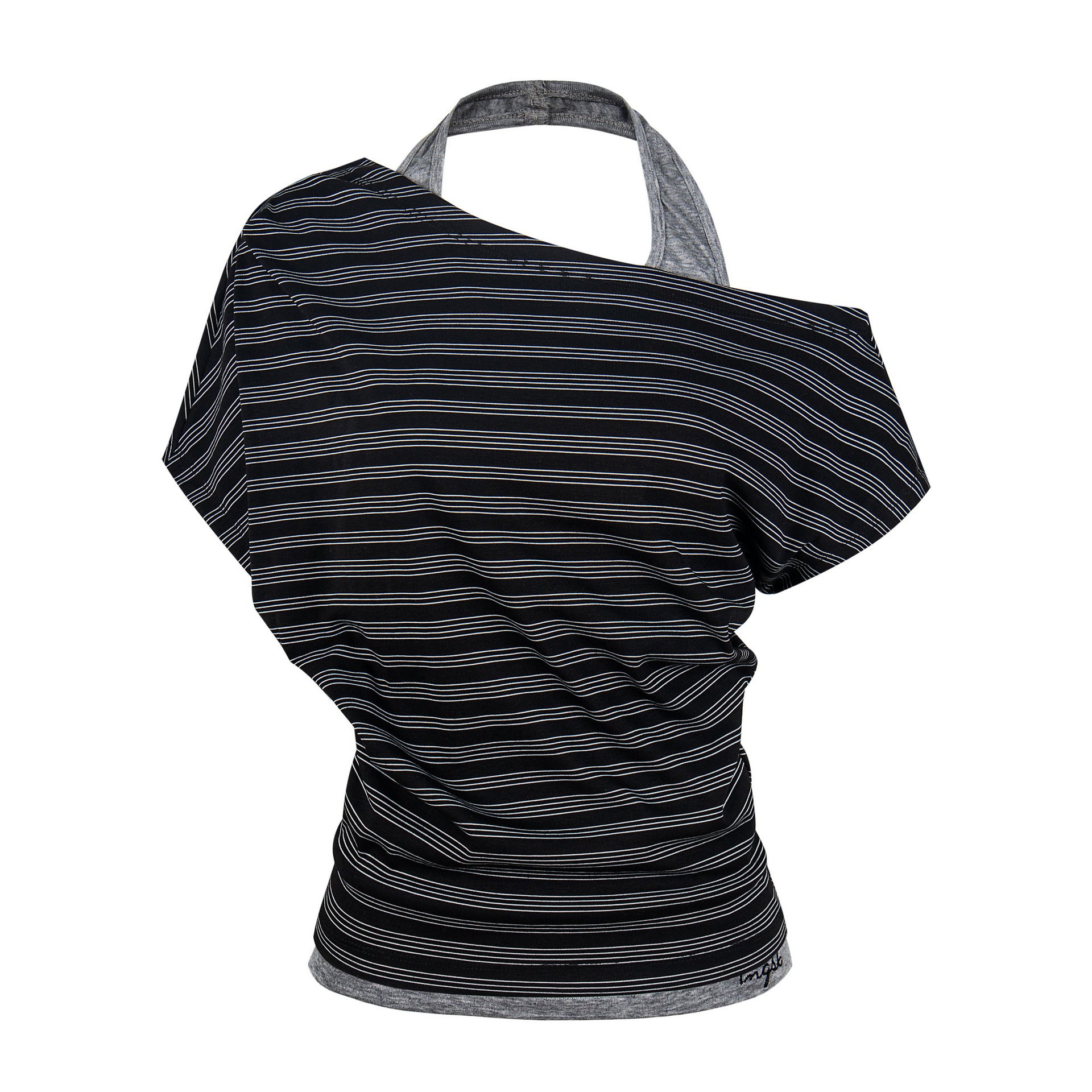 Halter Neck Asymmetrical Two-Piece T-Shirt Stripe Pleated Fitted Cropped Off-Shoulder Top