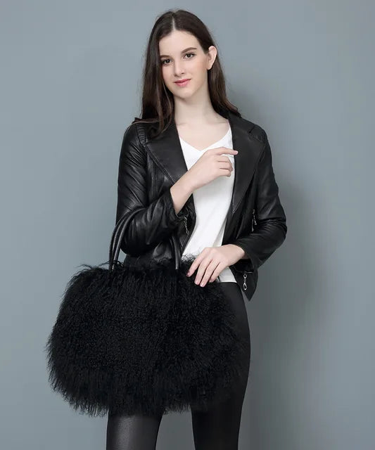 Real Mongolian Fur Bags Australian Beach Wool Fur Shoulder Bag Ladies Tibet Lamb Fur Wrist Bag Large Capacity
