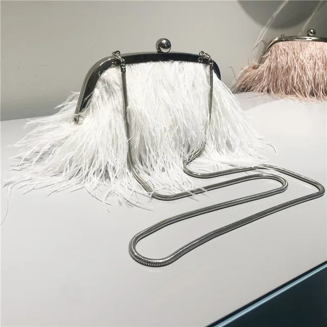 Feather Handbag Women Evening Crossbody Bag Pearl Chain Snake Chain Shoulder Bag Luxury Women Bags Design Party