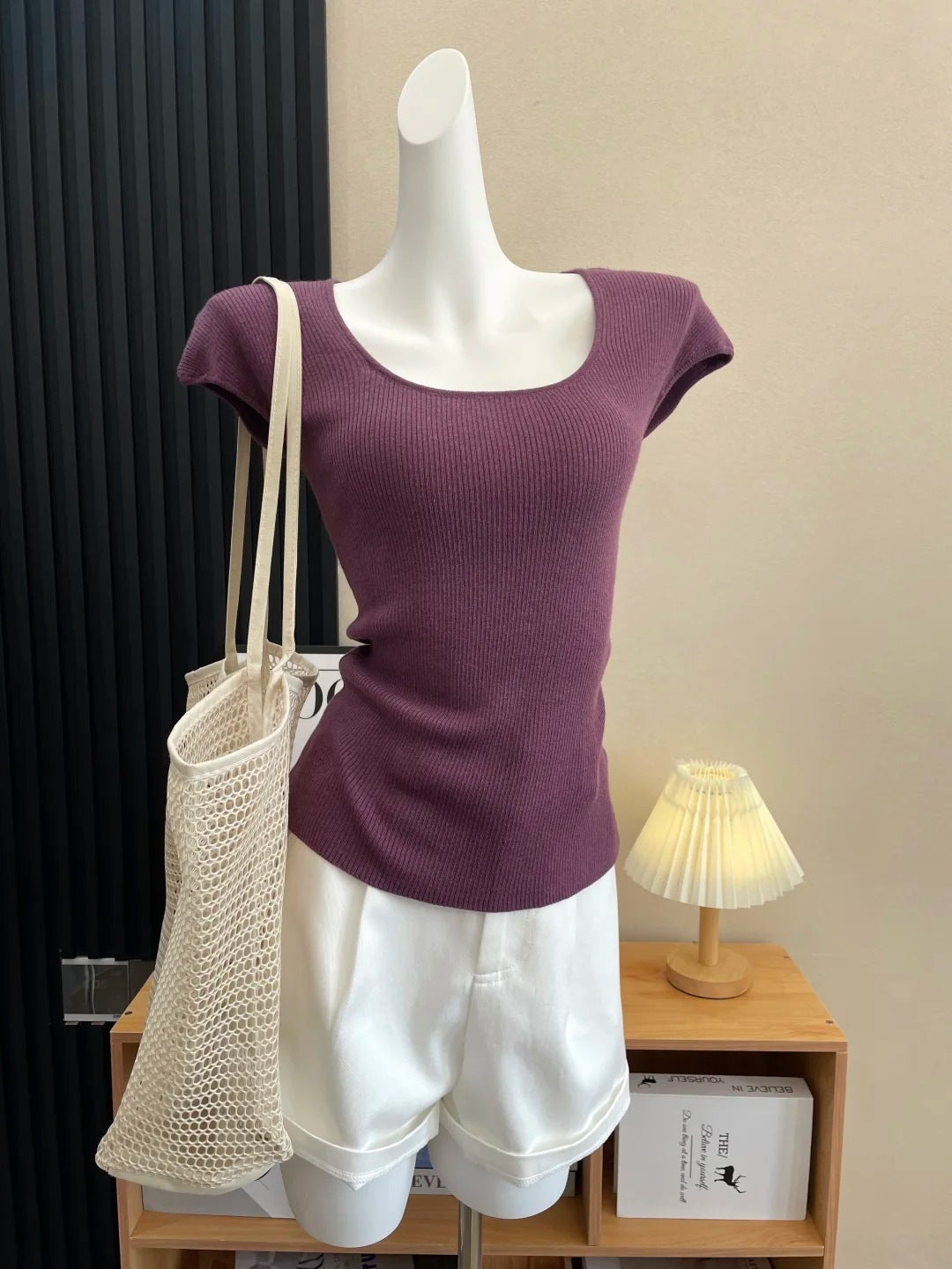 Soft Style U-Neck Elegant Ribbed Knit Short Sleeve Innerwear Top