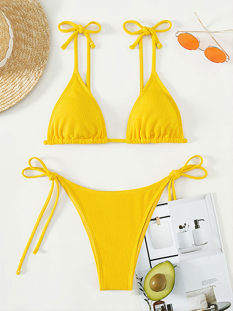 Solid color lace up three-point bikini