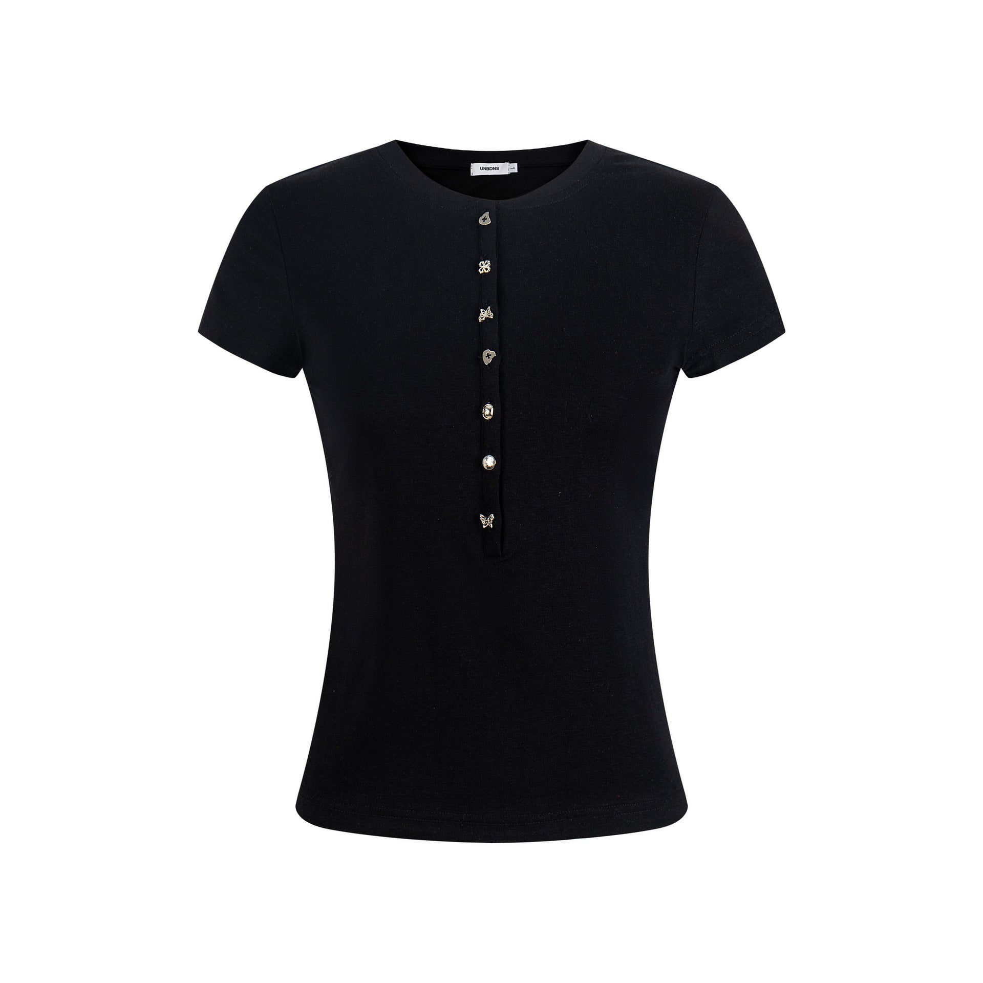 Women's Button Decorated Slim Fit Round Neck Casual Short Sleeve Top