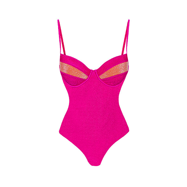 Color-blocked glittery Sleeveless  One-piece  Bikini-style  Swimwear Set