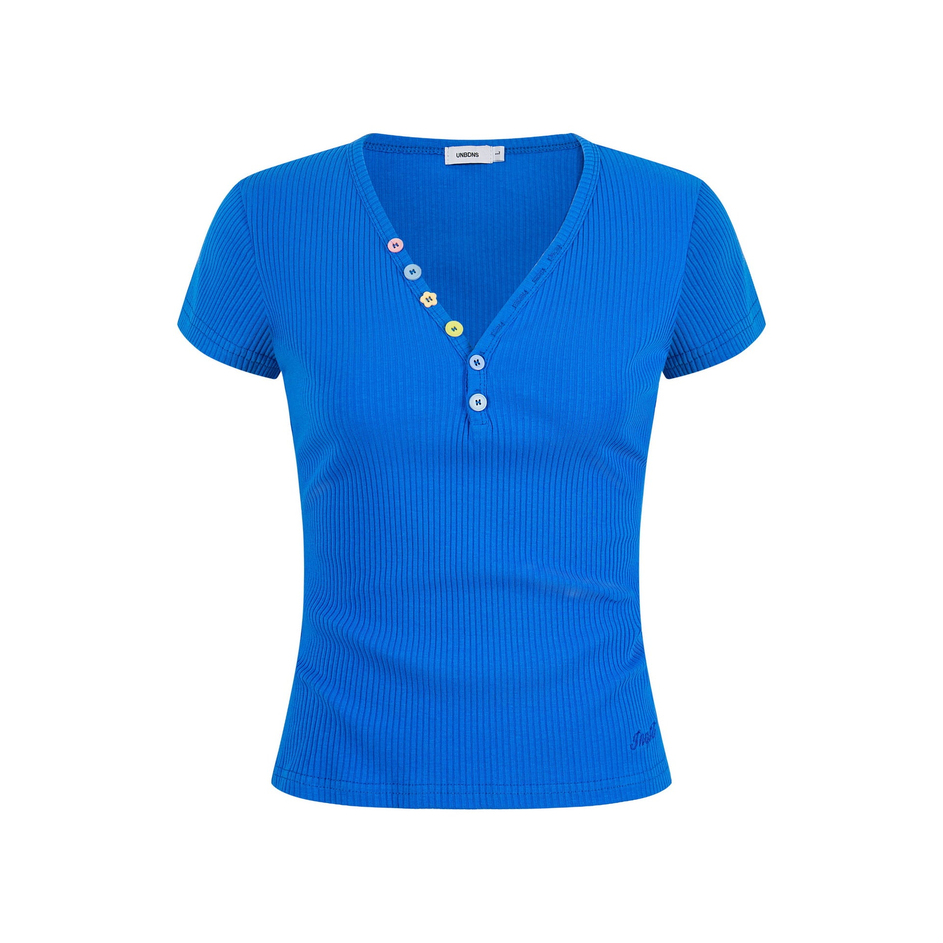 Women's Button Decorated Slim Fit V-Neck Casual Short Sleeve Top