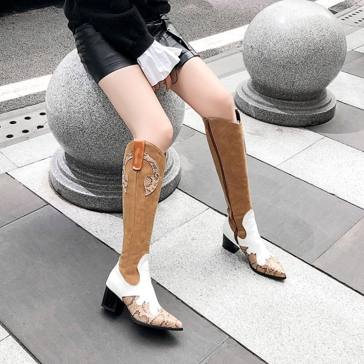 Women's Snake Pattern Splicing Knight Boots 32-48 Large Pointed Tall Boots