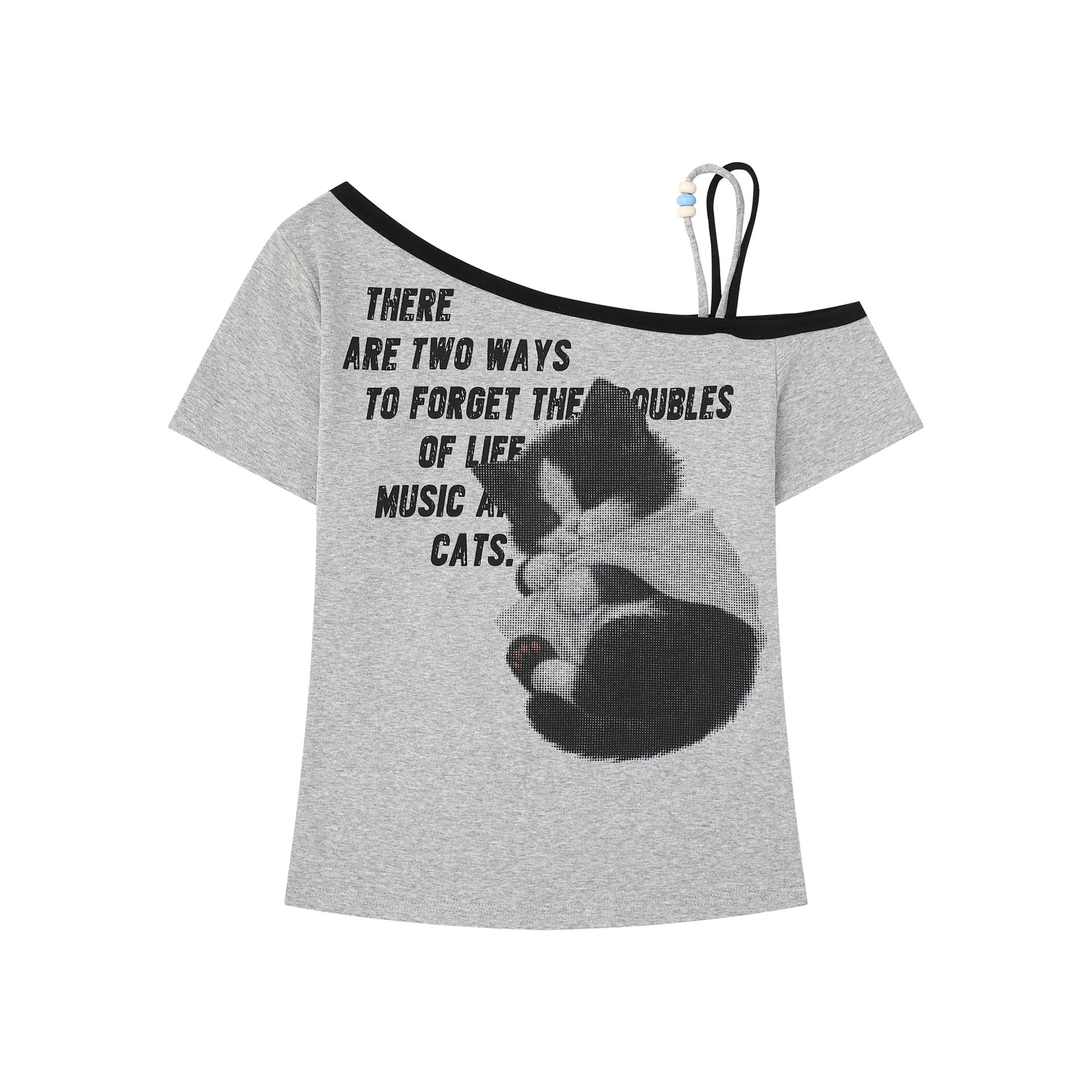 Sexy Cat Print Asymmetrical Shoulder T-Shirt for Women with Beaded Straps