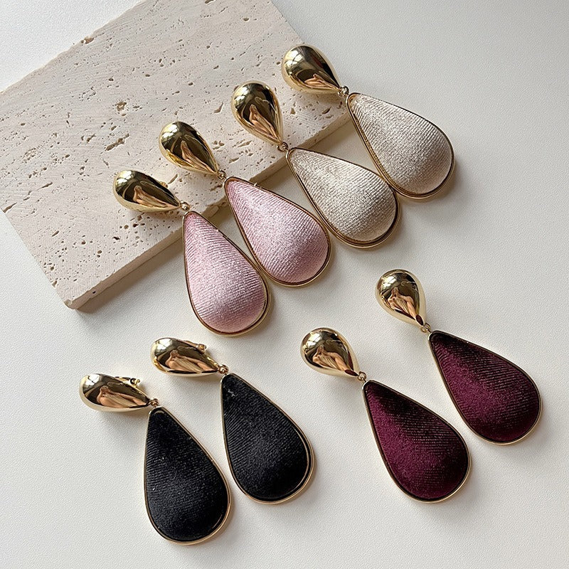 Retro velvet cloth water droplet mirror metal exaggerated earrings