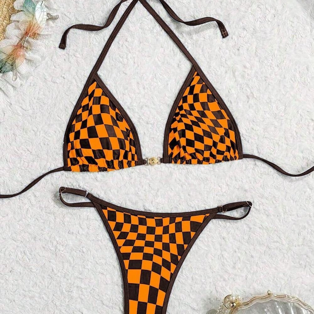 Swimsuit Split Resort Seaside Plaid Strap Bikini