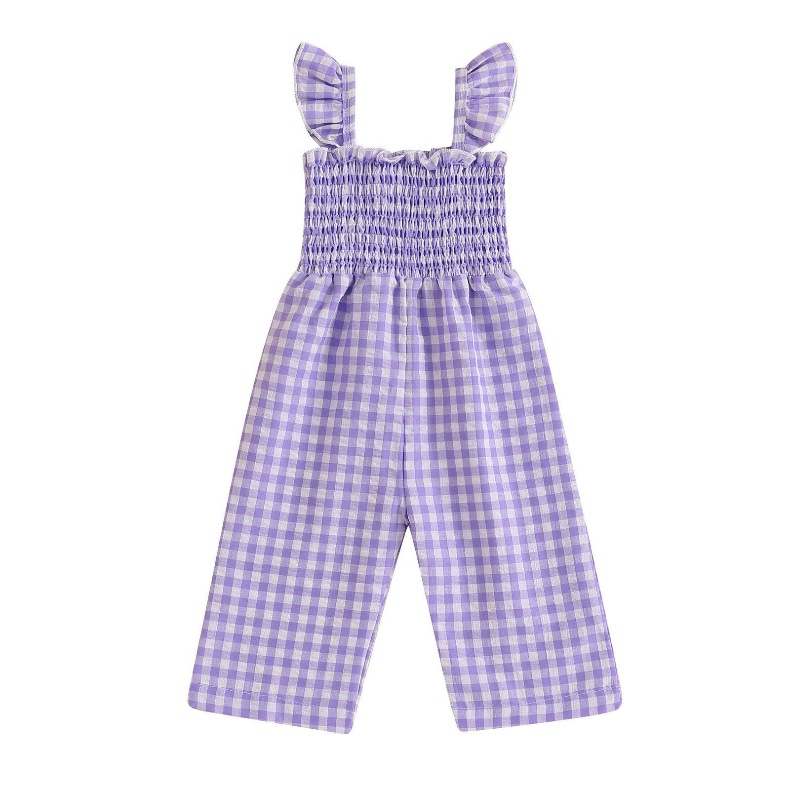Cute Girl's Summer Plaid Flutter Sleeve Jumpsuit, Lightweight Wide Leg Bodysuit