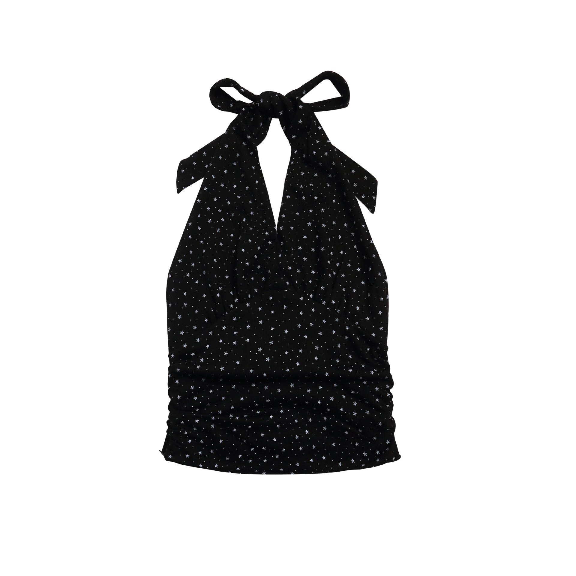 Star Print Halter Top with Bowknot Pleated Waist, Backless Fitted Cropped Blouse