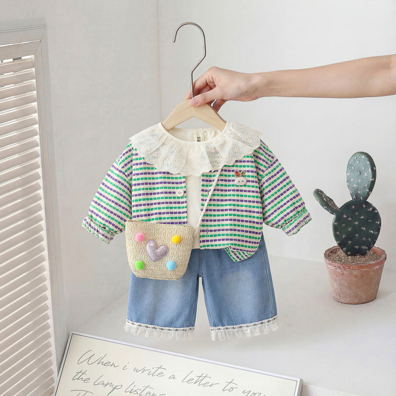 Long sleeved baby casual striped cardigan three piece set