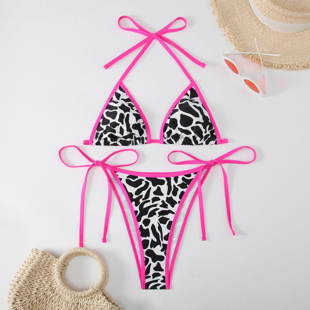 Split triangle bikini with lace up print swimsuit