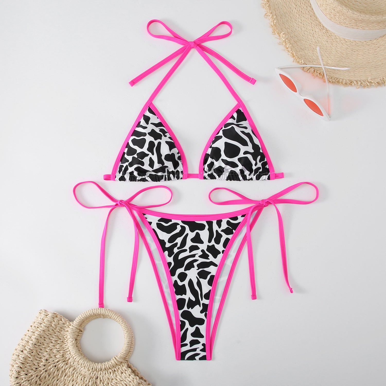 Split triangle bikini with lace up print swimsuit