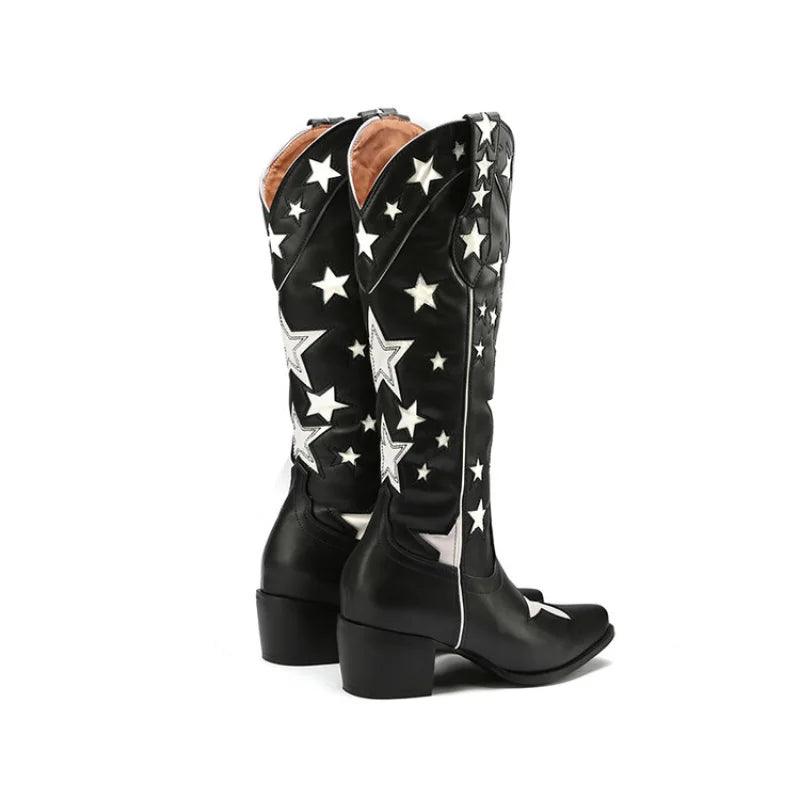 Western Cowboy Boots Women's Medium Block Heels Slip-on Cowgirl Long Boots Woman Autumn Winter Shoes