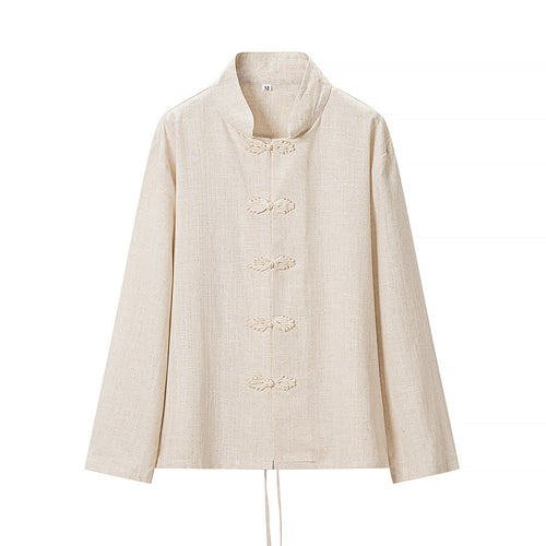 Cotton and linen long sleeved shirt+wide leg pants set