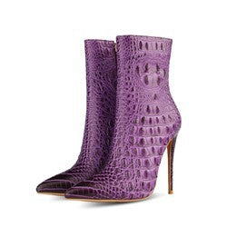 Sexy Croc Pattern Women's Ankle Boots Winter Side Zipper Purple Boots High Stiletto Heels  Newest Ladies Leather Short Boots