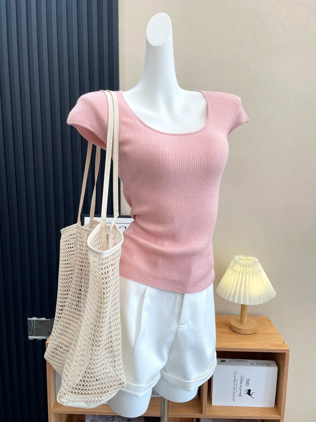 Soft Style U-Neck Elegant Ribbed Knit Short Sleeve Innerwear Top