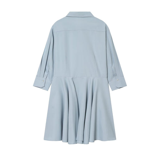 Commuting style pleated shirt style long sleeved dress
